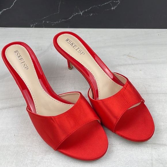 WSKEISP Women’s Peep Toe Slip On Mule Sandal Red Satin sz 10 - Picture 7 of 11